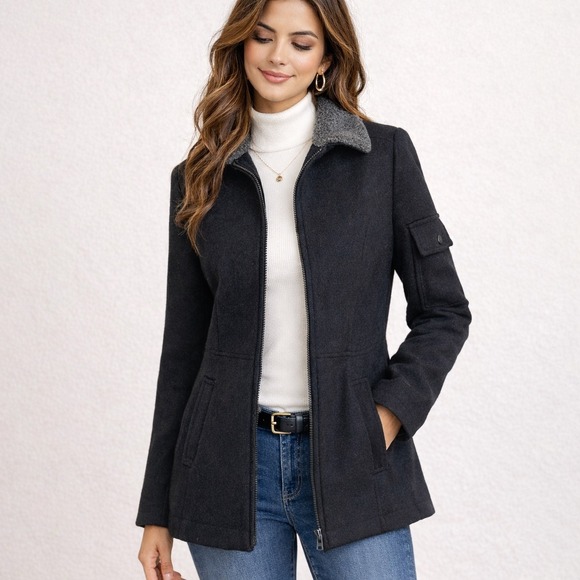 Mario De Pinto Jackets & Blazers - MDP Mario De Pinto Womens Black Wool Utility Jacket Sherpa Collar Made in USA M